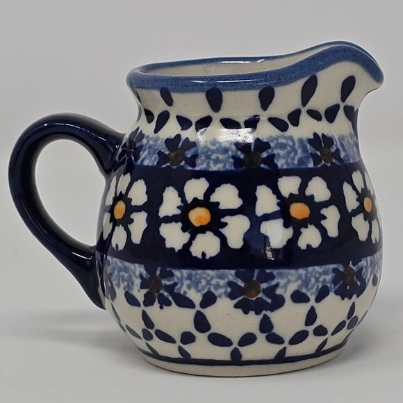 Ceramika Wiza Polish Pottery Hand Made Creamer Mini Pitcher Blue Floral - Picture 5 of 10